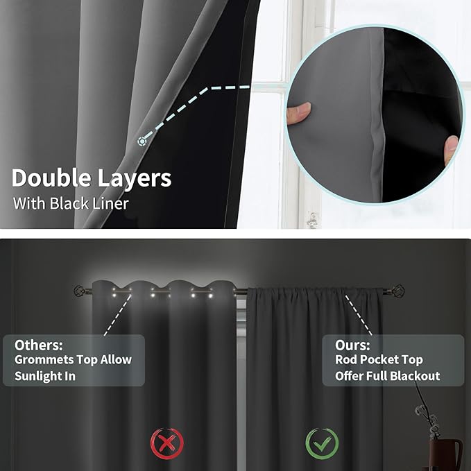 BGment 100% Blackout Curtains for Bedroom 63 Inch Length 2 Panels, Thermal Insulated Room Darkening Curtains Rod Pocket Soundproof Bedroom Living Room Window Curtains, Dove Grey, Each 52 Inch Wide