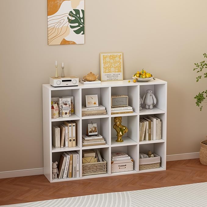 OSCHF 12-Cube Storage Shelf Bookcase - Wooden 3-Tier Floor Standing Open Bookshelf for Home and Office, Display Cabinet, Warm White