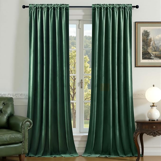 AUSSPVOCT Velvet Curtains 90 Inches Long 2 Panels for Bedroom, Thermal Insulated Room Darkening Luxury Soft Blackout Curtain Back Tab Rod Pocket Window Drapes for Living Room, W52 x L90, Dark Green