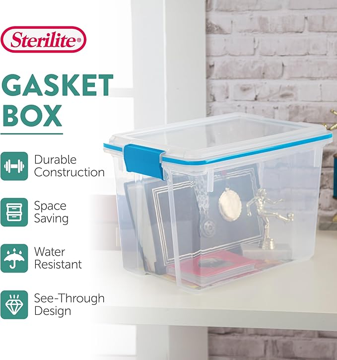 Sterilite 6-Pack Gasket Box, Weather-Resistant Storage Bins with Latching Lids, 20 Quart - Heavy-Duty Organizing Containers for Closet, Bathroom, and Office