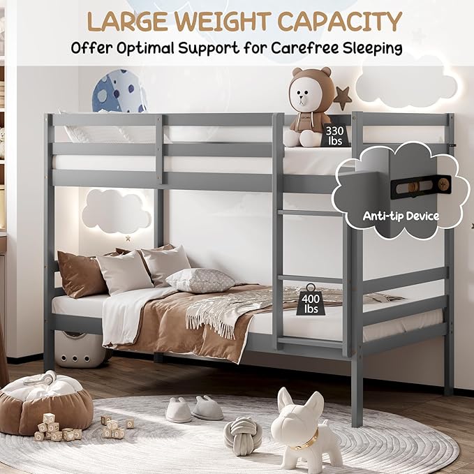 KOMFOTT Wood Bunk Bed Twin Over Twin, Bunk Bed with Ladder & Safety Guardrail, Solid Wood Bed Frame, Ideal for Dormitory & Multiple-Child Family, No Box Spring Needed, Kids Bunk Bed