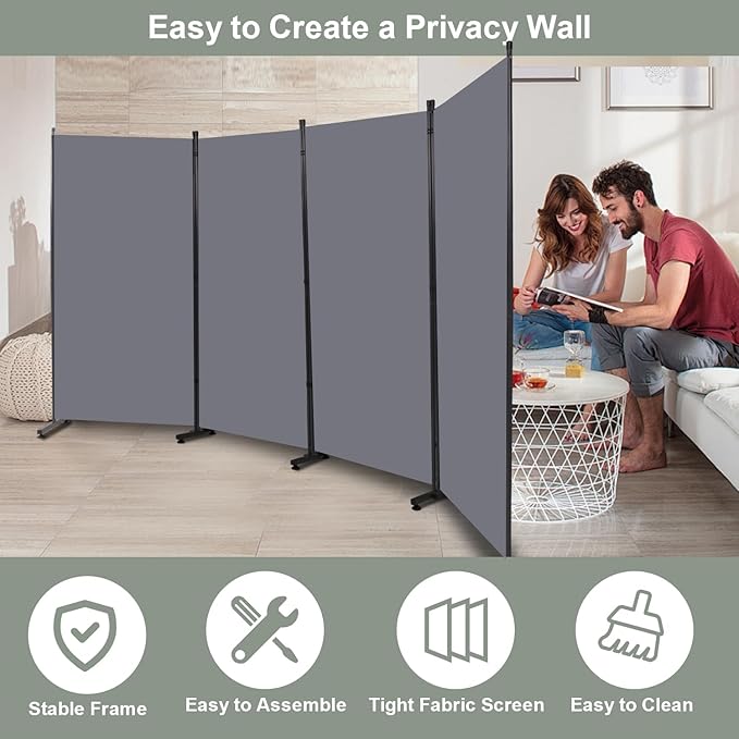 Room Divider Folding Privacy Screens with Wheels, 6FT Tall Divider for Room Separation, Movable Room Partitons and Dividers, Indoor Room Dividers Panel with Fabric (Grey, 4 Panel-136‘’-Round Pad)