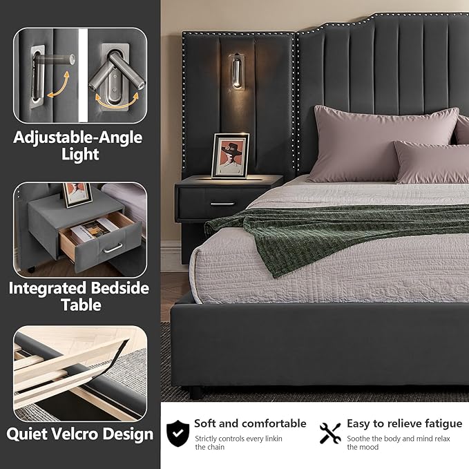 King Size Bed Frame with Storage, Luxury King Platform Bed Frame with Headboard, Velvet Fabric Upholstered Bedframe with LED Lights, Solid Frame & Bedside Table, No Box Spring Needed, Gray