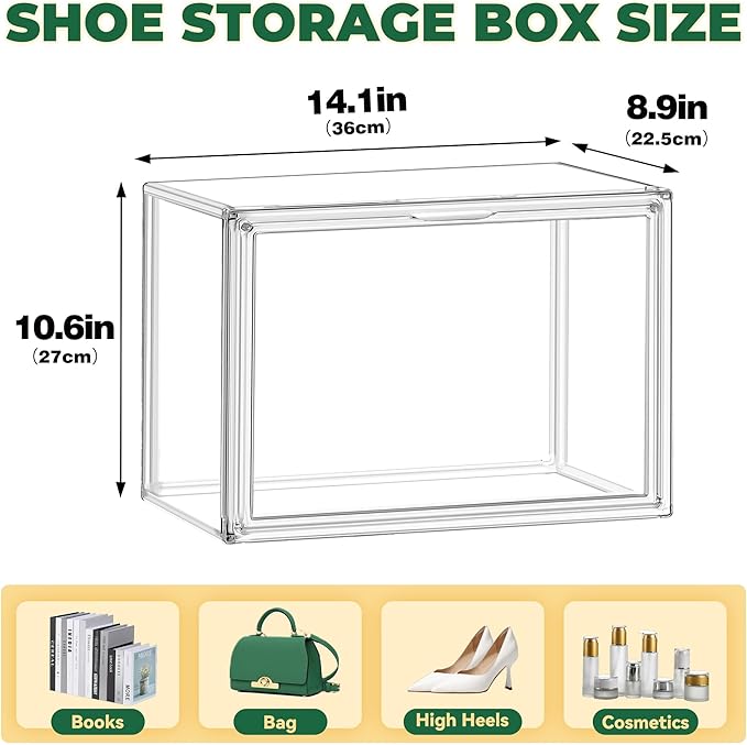 12 Pack X-Large Acrylic Display Case, Size 14 Clear Shoe Box Stackable Sneaker Display Case with Magnetic Lid Multipurpose Storage Bin for Closet for Purses, Handbags, Cosmetics, Collectibles