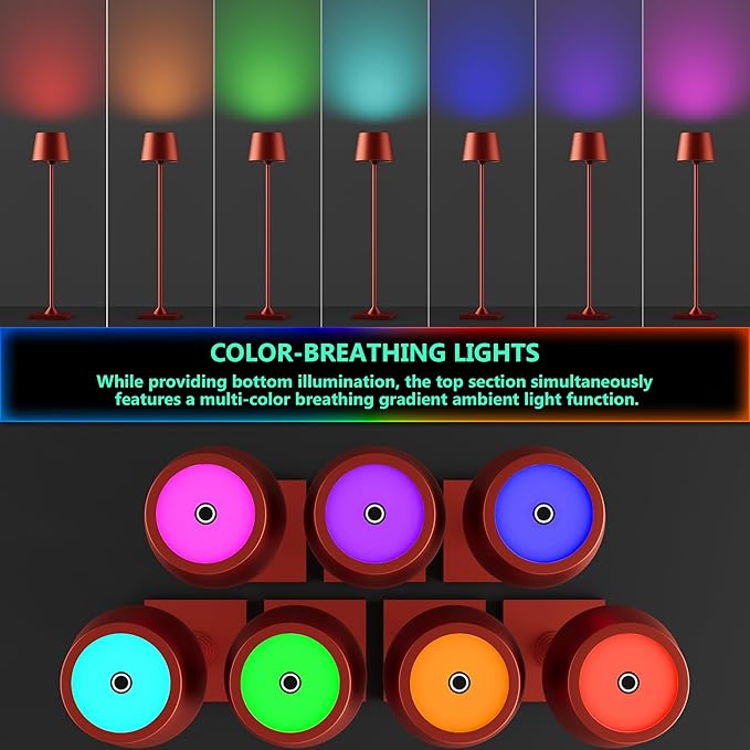 Modern LED Color-Changing Cordless Table lamp, 7 Colors, metal Shade, Touch control with sleep mode for Restaurant, Bedroom, Outdoor Camping, Coffee Shop, Night Light, Rechargeable(Red 1 PACK)
