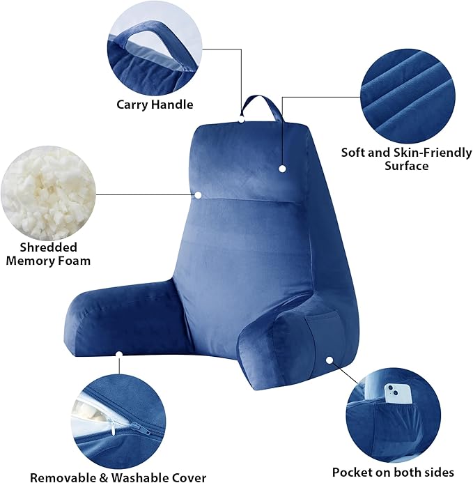 IPYNBAP Reading Pillow with Arms for Adult, Back Pillow for Bed Sitting Up, Shredded Memory Foam Backrest Pillow with Pockets & Removable Washable Cover, Lounging, Watching TV, Reading(24" Navy Blue)