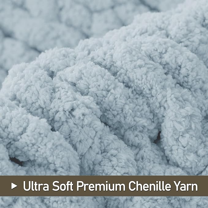 Chunky Knit Throw Blanket 60"X 80", 100% Handmade with Soft Chenille Yarn, 6.7lbs Thick Cable Knitted Blankets, Large Rope Knot Crochet Throws for Couch Sofa Bed Home Decor, Baby Blue