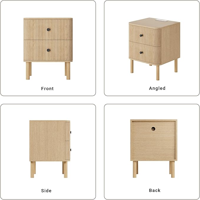 Night Stand Set of 2 with Charging Station, 18" Fluted Nightstand with Rounded Corners & Solid Wood Legs, 2 Drawers End Table, Mid Century Modern Bedside Table for Bedroom, Natural Oak