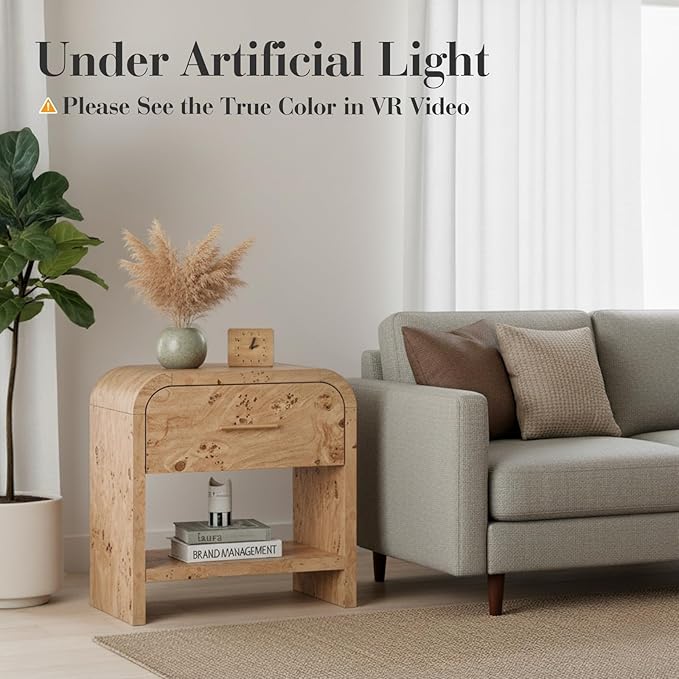 Night Stand Set of 2 [Unique Curved Profile] [FSC-Certified Wooden Board] 1-Drawer and 1 Storage Shelf Nightstand 24" H Metal Handle Modern Bedside Table Side Table End Table