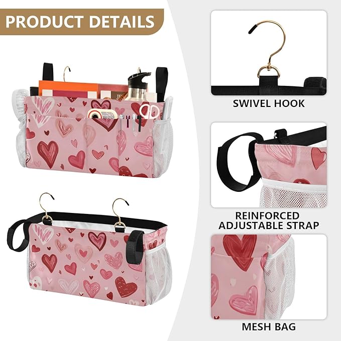Bedside Caddy Hanging Bunk Bed Caddy Bed Organizer Hanging Pocket with 2 Hooks Bedside Storage Organizer Pocket Bag Holder Pink Cute Hearts