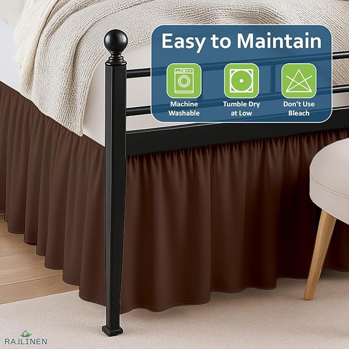 Rajlinen Ruffled Bed Skirt Full XL, 10 Inch Drop Dust Ruffle with Split Corners, 100% Microfiber Bedskirt with Platform, Three-Sided Coverage Ruffled Gathering Design, Chocolate