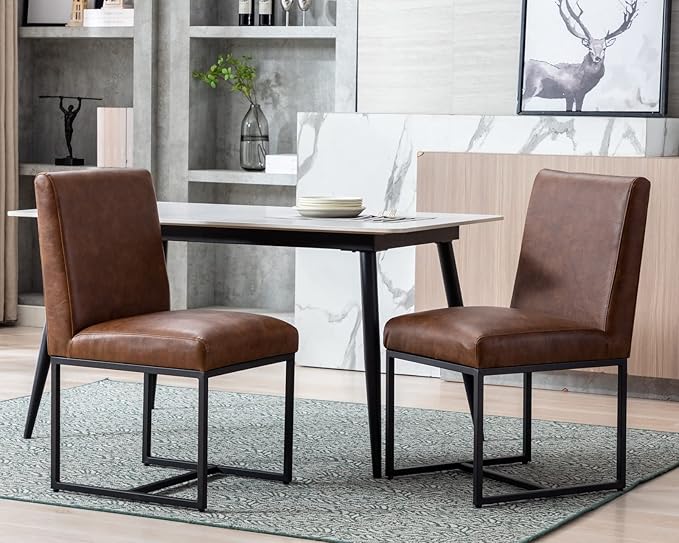 CIMOTA Modern Dining Chairs Set of 2, Leather Dining Room Chairs Upholstered Mid Century Armless Guest Side Chair with Black Base for Dining Room/Kitchen, Vintage Brown 2PCS