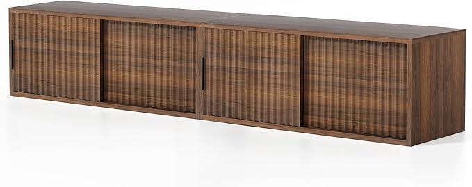 Large Floating TV Stands Set of 2, Modern Fluted Nightstands Wall Mounted Bedside Table Storage Cabinet with Sliding Doors for Living Room, Bedroom, Brown