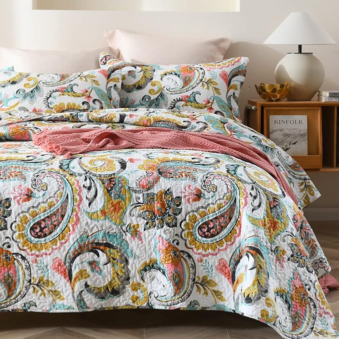 Cotton Bedspread Quilt Sets Reversible Bedding Coverlet Sets Comforter Paisley Floral Bedspread (White Paisley Floral, Queen Size)