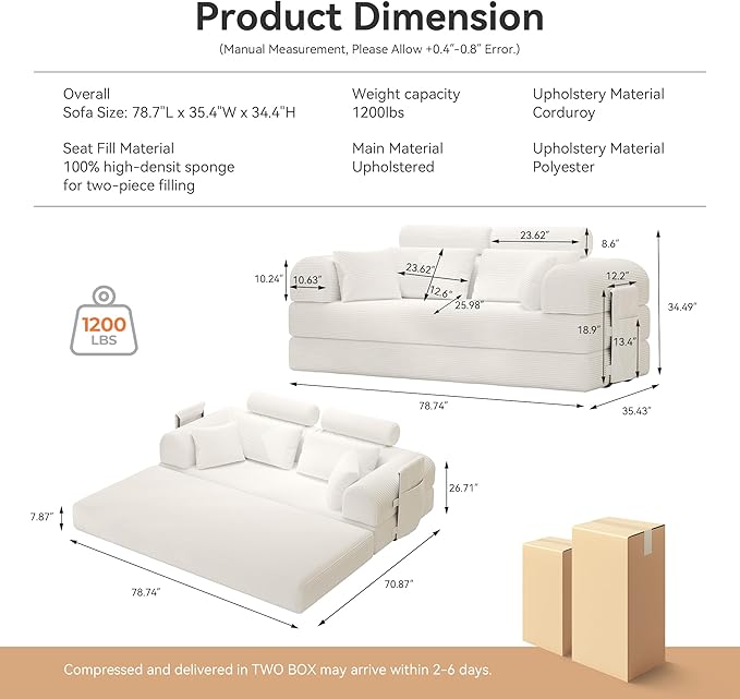Upgrade High Backrest Design Sofa Bed with Fixed-Shape Frame & Removable Armrests and Backrest, 2 Corduroy Pillow, Convertible Mattress Couch for Small Spaces - No Assembly (High Backrest Beige)