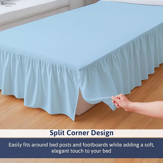 KRISHNA Ruffled Bed Skirt with Split Corners Twin, 100% Microfiber Hotel Quality, 28 Inch Drop Dust Ruffle Gathered Bedskirt with Platform, 39" x 75", Light Blue
