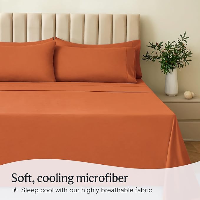 LuxClub 4 PC Full Sheet Set, Deep Pockets Wrinkle Free Cooling Bed Sheets Hotel Bedding for Women, Men, Kids & Teens, Includes 1 Fitted Sheet, 1 Flat Sheet and 2 Pillowcases-Autumn Orange
