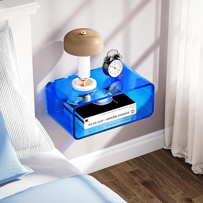 Acrylic Floating Nightstand, Bedside Table, Nightstand Shelf Wall Mounted Bedside Shelf (Blue, Small)
