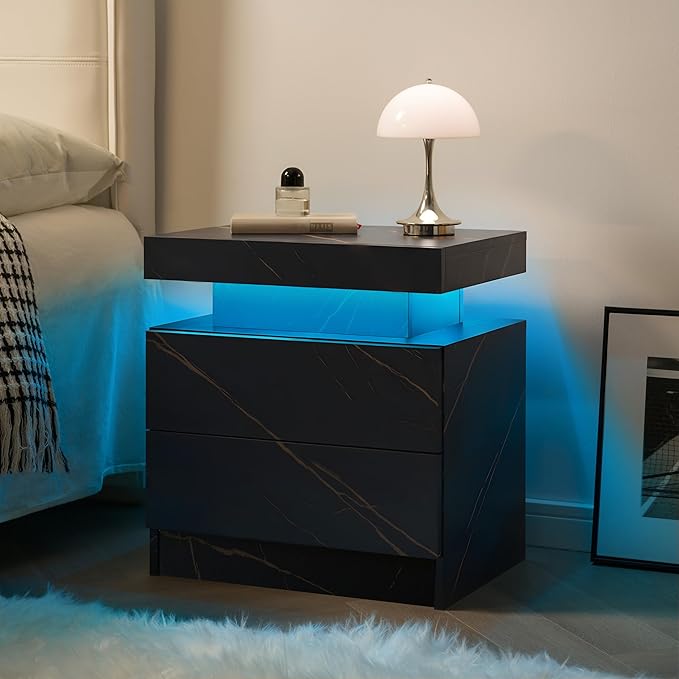 LED Bedside Table with 2 Drawers, Modern Nightstand Cabinet for Bedroom, End Side Table with Lights