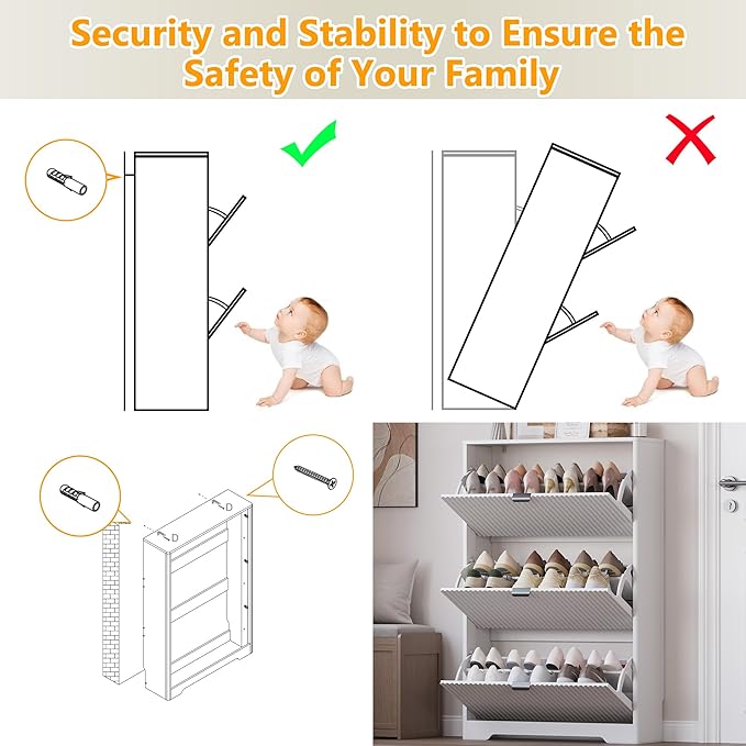 Entryway Shoe Cabinet with 3 Flip Drawers, Narrow Shoe Organizer Cabinet with Fluted Panel and Adjustable Shelves for Foyer, Hallway