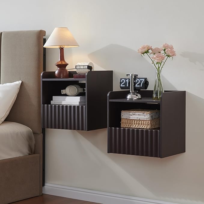 Modern Fluted Floating Nightstand Wall Mounted Set of 2- Bedside Table with Storage Drawer & Display Shelf, Minimalist Bedroom Furniture for Studio Apartments(Espresso)