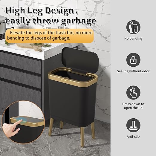 Procade Office Trash Can with Lid, Black Bathroom Trash Can with Gold Edge, Modern Narrow Garbage Can with Legs, Slim Plastic Trash Bin for Bedroom, Living Room,Kitchen,Toilet, 4 Gallon