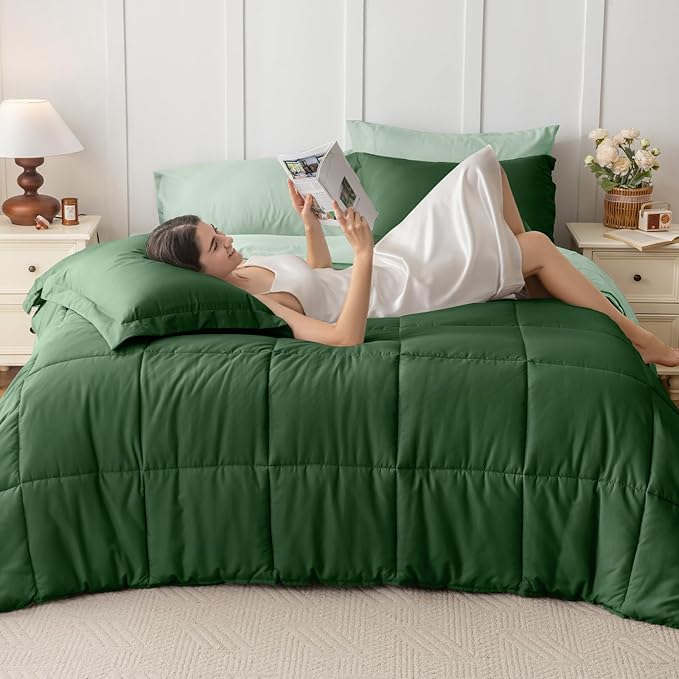 JOLLYVOGUE King Comforter Set, Ultra-Soft Bed in a Bag King Size 7 Pieces, Oeko-TEX Certified Bedding Set with Down Alternative Comforter, Sheets, Pillowcases & Shams, Dark Green & Light Green