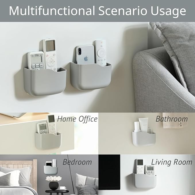 LINFIDITE 2 Pack TV Remote Holder Wall Mount Remote Control Holder for Bed Universal Bedside Wall Remote Holder Caddy Organizer Hole-Free Remote Control Holder (For 2 Or 3 Remote Controls–Gray