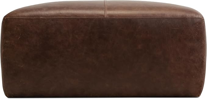 Poly & BARK Sequoia Ottoman – 35” Square Pouf with Feather-Down Topper – Full-Grain Leather Upholstered Pouf Ottoman for Living Room – Vintage Italian Leather in Chocolate Brown