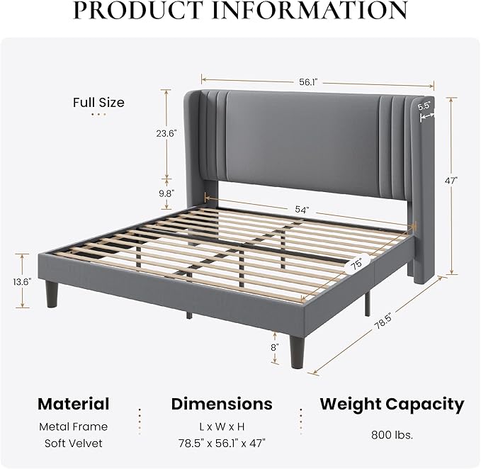 SHA CERLIN Full Size Velvet Upholstered Platform Bed Frame with Vertical Channel Tufted Wingback Headboard, Wooden Slats Support, Easy Assembly, Under Bed Storage, No Box Spring Required, Grey