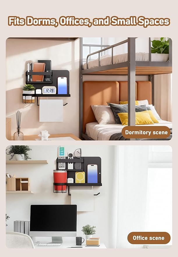 Bedside Wall Organizer Metal Shelf with Cup & Tissue Holder – Waterproof Wall Storage Rack for Dorm Room, Bathroom, Kitchen, and Office (Black)