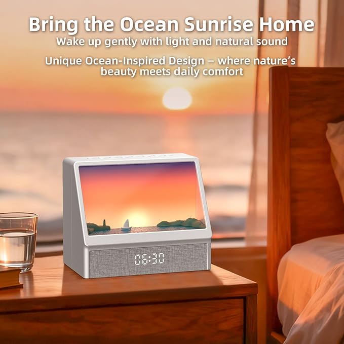 Ocean Sunrise Alarm Clock Wake Up Light, 6 Nature Scenes, White Noise, Sunset Simulation, Sleep Aid Night Light for Bedroom, Kids and Adults