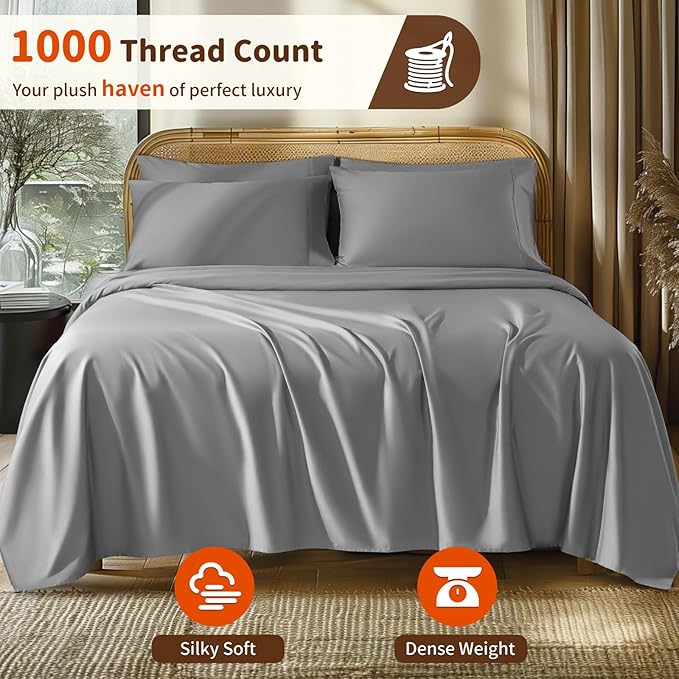 LBRO2M 1000 Thread Count 100% Egyptian Cotton Sheets Set 6 Piece Sets Queen Bed Sheet Deep Pocket Sheet Set 16" Soft Comfortable All Season (Queen, Gray)