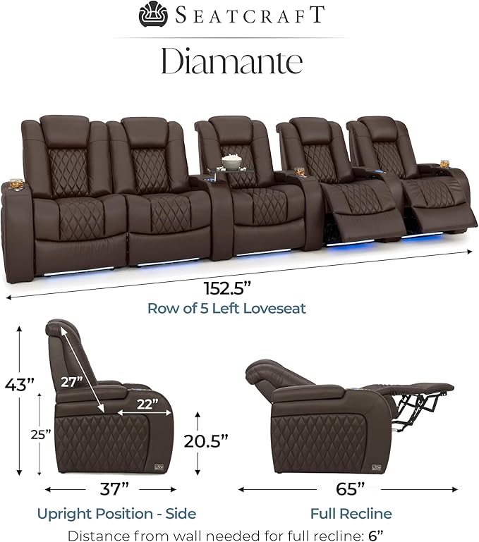 Seatcraft Diamante Zero-Gravity CoolZero Italian Leather Home Theater Seating, Power Headrest, Power Recline, Row of 5 Left Loveseat, Brown