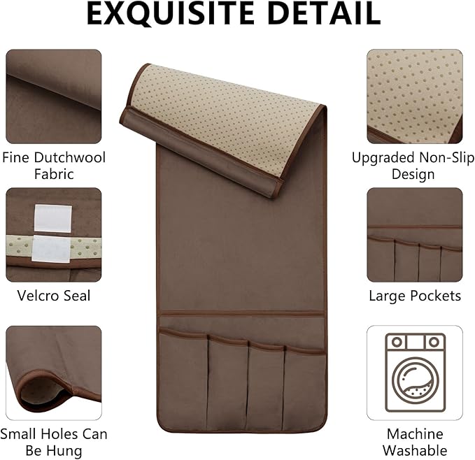 WETRBWEH Remote Control Holder for Armchair, Couch Caddy Organizer TV Remote Holder for Bed Storage 5 Pockets, Remote Caddy Bedside Organizer Bedside Table Organizer (Brown, 35"x12.4")