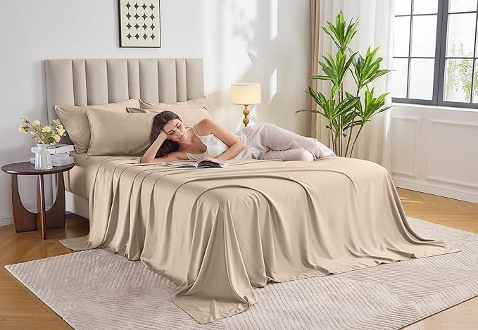 Pure Bamboo Split King Sheets, Genuine 100% Organic Viscose Derived from Bamboo Bed Sheet Set, Soft & Cooling, Double Stitching, 2 Fitted Sheets (Split King, Almond)