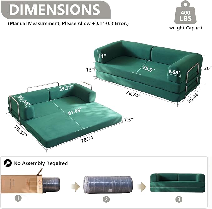 79'' Convertible Sleeper Sofa Bed, 3-in-1 Foldable Floor Couch with Corduroy Upholstery, No Assembly Loveseat, Light Brown Lounge Mattress for Living Room, Studio, Guest Room (Light Green)
