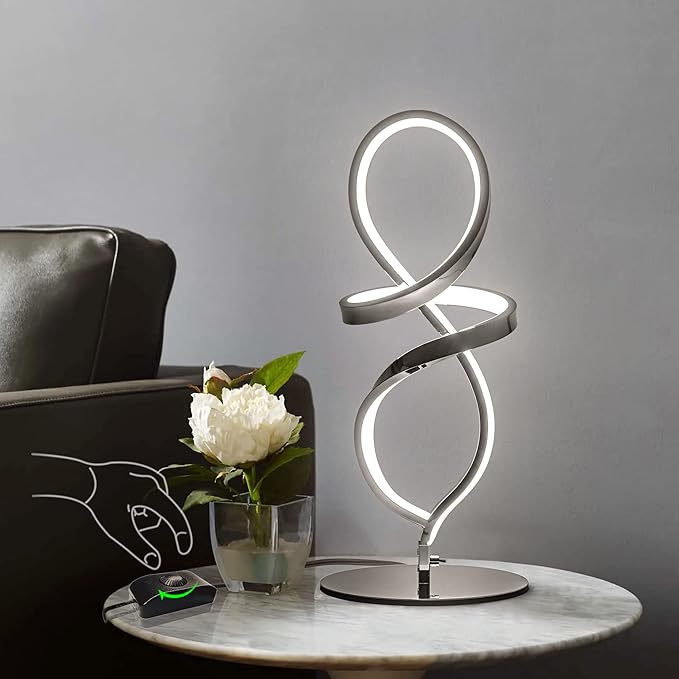 Mayful Modern Lamp with LED Spiral Design, Bedside Lamp with Stepless Dimming Switch, Contemporary Nightstand & Chrome Table Lamp for Bedroom, Living Room, Home Office, 12W 3200K Warm White,2 Pack