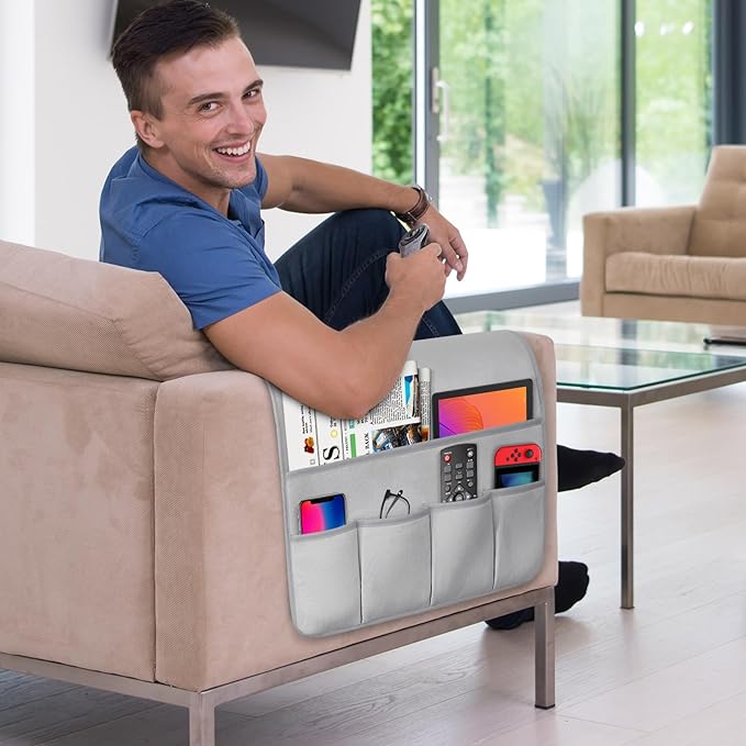 WETRBWEH Remote Control Holder for Armchair，Couch Caddy Organizer TV Remote Holder for Bed Storage 5 Pockets，Remote Caddy Bedside Organizer Bedside Table Organizer (LightGray, 35''x18'')