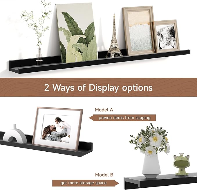 Fun Memories Picture Ledge Shelf for Wall, Floating Shelves Set of 4, 36 Inch Long Nursery Book Shelves for Toys Storage, Kids Bookshelf Wall Mounted for Books Photo Frames, Black