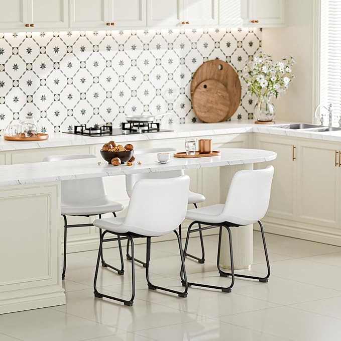 Dining Chairs Set of 8, 18 Inch Modern Armless Dining Chair with Back, Faux Leather Kitchen Dining Room Chair with Metal Legs for Home, Bistro Coffee Shops (White)