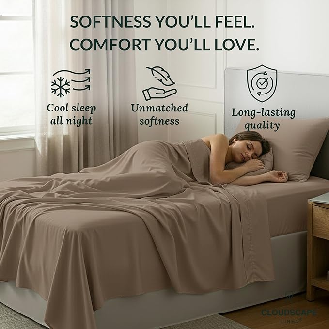 Cloud Scape Linen 100% Egyptian Cotton Sheets Twin Size, 3 Pieces Luxury Bedding Set, 400 Thread Count,Hotel Quality, Silky Soft, Breathable and Durable, Deep Pockets up to 15, Taupe