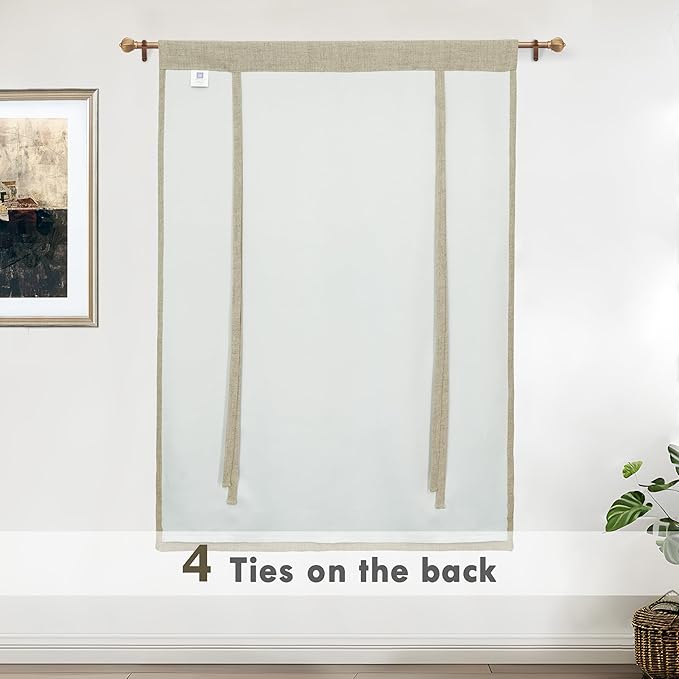 DriftAway Double Layer Linen Blackout Tie Up Curtains Thermal Insulated Fully Lined Balloon Roman Shade Bathroom Window Adjustable Rod Pocket for Small Window 45 Inch by 63 Inch Light Khaki Linen