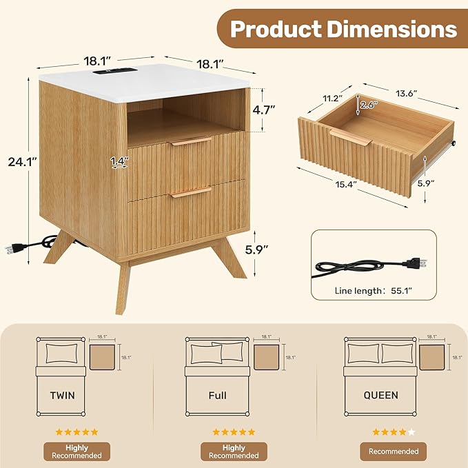 Modern Nightstand,Side Table with Charging Station,Bedside Tables with Drawer,Mid-Century End Tables Set (1-Piece),Natural Oak