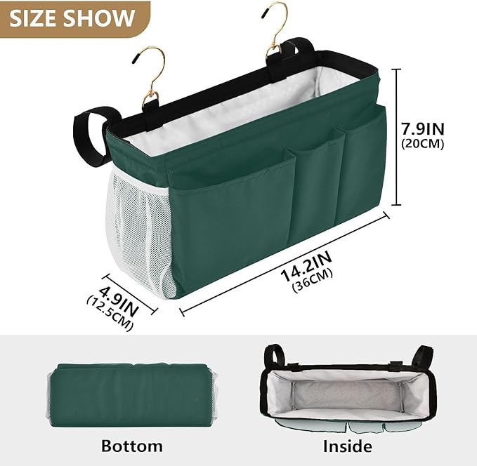 KOPIRIT Navy Cyan Bedside Caddy Storage Bag Bedside Organizer for Dorm Room Top Bunk Bed Organizer Caddy Hanging Shelf 6 Pockets with Hooks for Glasses Book Tablet Holder
