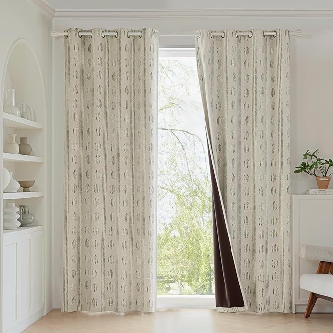 100% Boho Blackout Curtains 96 Inches Long for Bedroom, Green on Beige Patterned Bohemian Curtains for Living Room, Geometric Striped Thermal Insulated Window Drapes Gromment Top 2 Panels