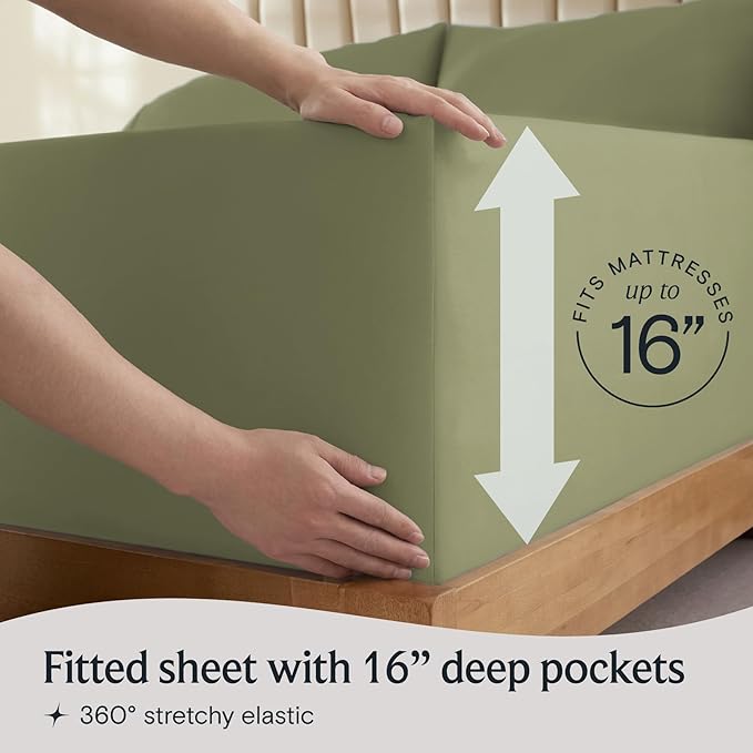 LuxClub 4 PC Full Sheet Set, Deep Pockets Wrinkle Free Cooling Bed Sheets Hotel Bedding for Women, Men, Kids & Teens, Includes 1 Fitted Sheet, 1 Flat Sheet and 2 Pillowcases-Soft Olive