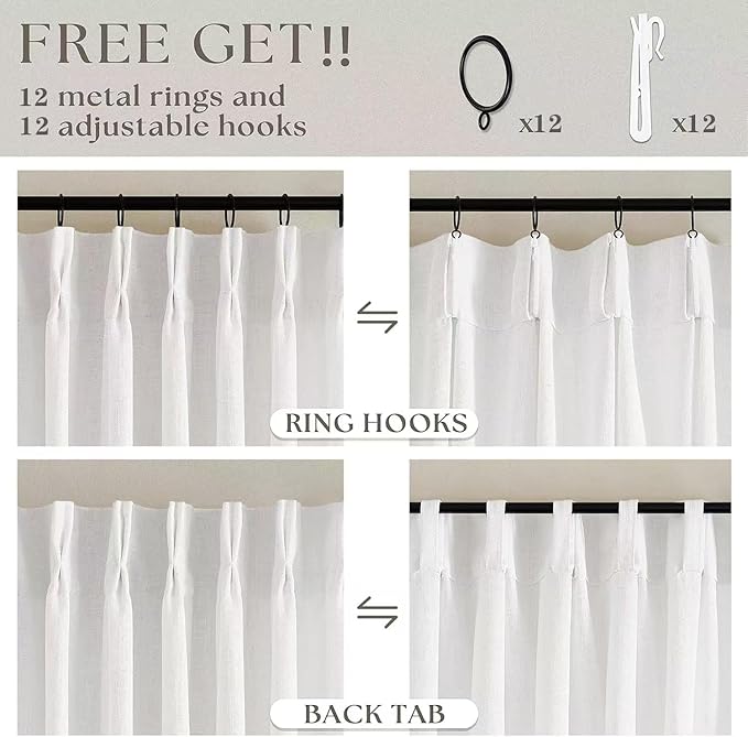 Beige White 70 Inch Wide Curtains 96 Inches Long for Living Room Light Filtering Semi Sheer Farmhouse Pleated Curtain with Hooks Rings for Patio Sliding Door Dining Room Large Window 1 Panel 70x96