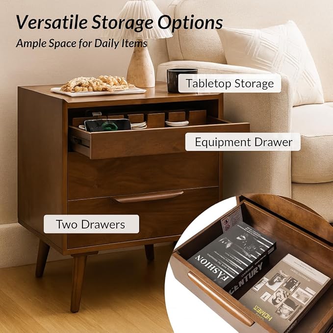 HULALA HOME 2 Drawer End Table with Pull-Out Shelf, Mid-Century Modern End Tables with Wood Legs, Wood Side Table with Charging Station(Walnut)