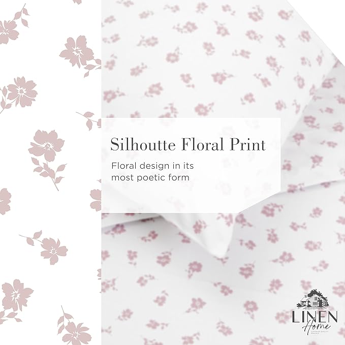 Linen Home 100% Cotton Printed Percale Sheets California King Size, Deep Pocket, 4 Pieces Set-1 Flat, 1 Deep Pocket Fitted Sheet and 2 Pillowcases, Crisp Cool Bed Linen, Mauve Silhouette Floral